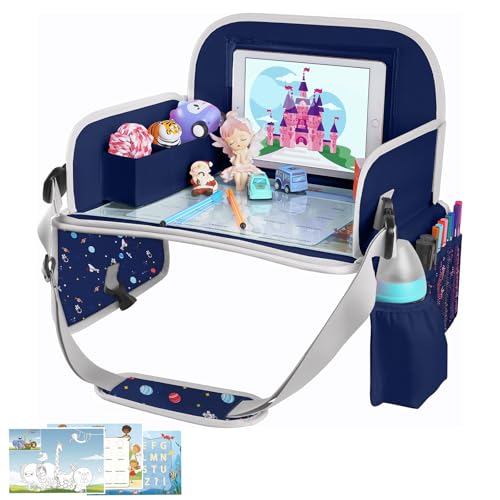 Image of MENZOKE Car Seat Tray for Kids, Essential for Car Travel & Airplane Trips | Toddler Gift with Educational Drawing Board, Tablet Holder, Cooler Cup Holder & Storage Pocket, Space Pattern, Dark Blue