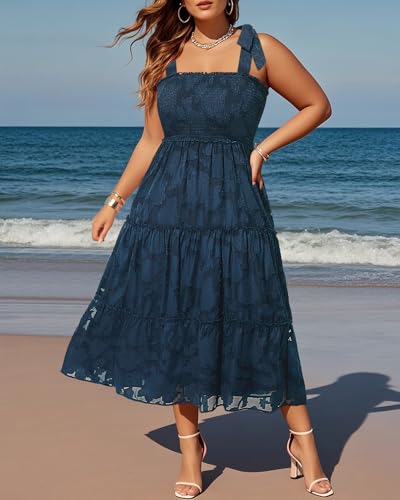 Plus Size Summer Dress 2025 - Sun Boho Spaghetti Strap Lace Floral Casual Beach Smocked Maxi Dress4