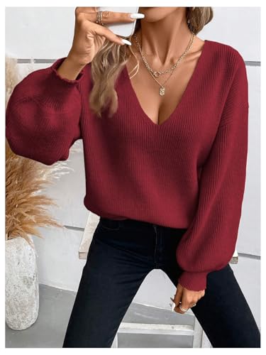 Image of GORGLITTER Women's Bow Fall Sweaters 2025 Cable Knit Chunky Oversized Long Sleeve Backless V Neck Pullover Tops