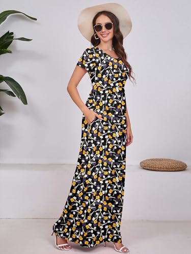 Image of DEARCASE Maxi Dress for Women Short Sleeve Casual Summer Loose Plain Comfy Long Dresses with Pockets