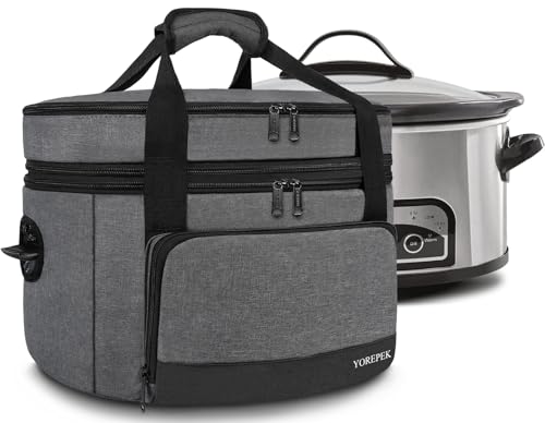YOREPEK 2 Layer Slow Cooker Carrier, Compatible with 6, 7, 8 Quart Crock-Pot, Insulated Large Slow Cooker Travel Bag with Bottom Pad Lid Fasten Straps, for Family Gathering Potluck, Dark Grey