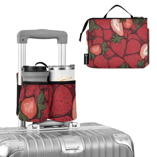 Image of Luggage Cup Holder for Suitcases Free Hands Suitcase Cup Holder Travel Luggage Drink Holder Portable Luggage Cup Caddy Bag Carrier with Handle Cartoon Red Strawberry