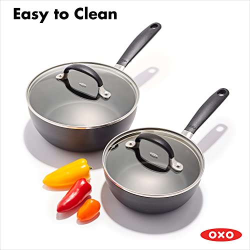 Image of OXO Good Grips 1QT and 2QT Saucepan Pot Set with Lids, 3-Layered German Engineered Nonstick Coating, Stainless Steel Handles with Nonslip Silicone, Black