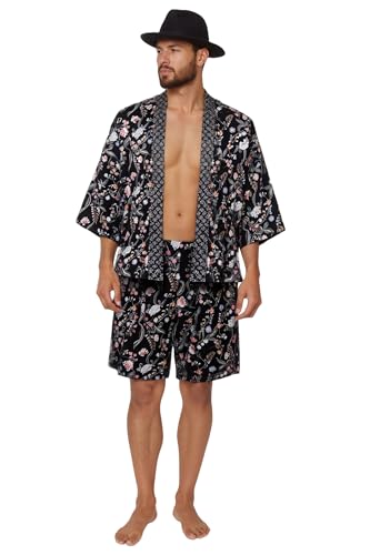 PRODESIGN Mens Kimono Robe Set - Satin Bathrobe with Shorts 2 Piece Set Silky Nightgown Dressing Gown Cardigan Beach Cover Up