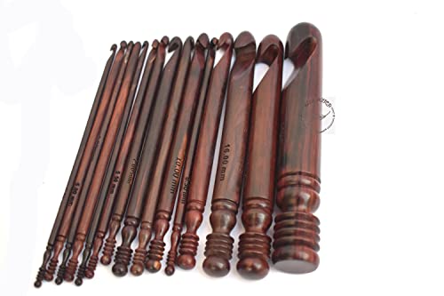 BLUE DUTCH ARTS Rosewood Crochet Set of 15 Hooks Crochet Hooks Ergonomic Soft Grip 3.5 MM to 25 MM Wooden Crochet Hooks for Knitting Size Engraved