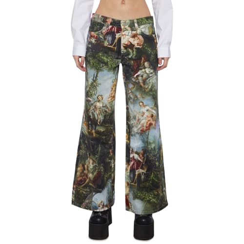 Dolls Kill Da Vinci's Demons Wide Leg Jeans by Current Mood – Stretchy Twill, Wide Leg Fit with Renaissance Art Print