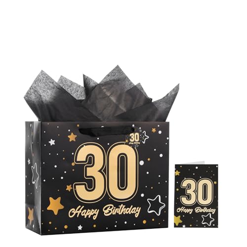 Image of Powbrace 13 inch Black 30th Birthday Gift Bag with Tissue Paper and Greeting Card for Party,Happy Birthday Gift Bag for Men Women,Gift Bags Medium size(1 Black 30th)
