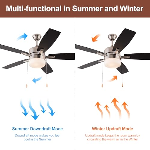 52" Modern Indoor Ceiling Fan with LED Light, Pull Chain Control, Reversible AC Motor, Walnut/Black3