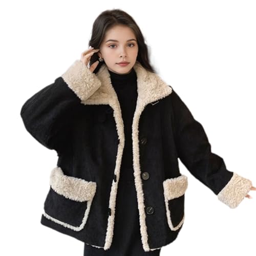 SHINROAD Chaqueta de manga larga para mujer, forro polar retro de invierno, color de contraste, ropa exterior de felpa gruesa, cuello alto, protección contra el viento, de un solo pecho, Negro , XL