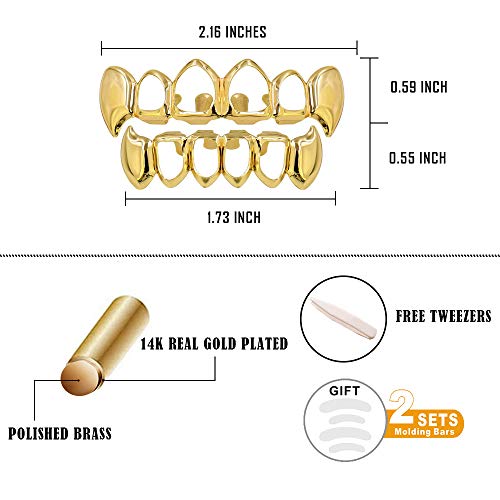 TOPGRILLZ Vampire Teeth Grillz Grills for Your Teeth 14K Gold Plated Vampire Fangs Open Face Gold Grillz for Men Women Hip Hop Cosplay Rapper Costume Accessory (Extra 2 Molding Bars)2