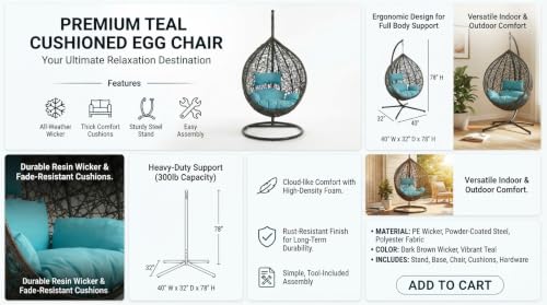 Image of UNIVERSAL FURNITURE Hanging Egg Swing Chair with Stand, Woven Wicker Rattan Style Swing with Cushion, Freestanding Indoor Outdoor Hanging Chair for Patio, Balcony, Garden & Porch (Black Sky)