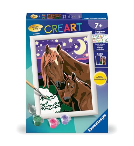 Ravensburger - CreArt Kids 13x18 cm - Numéro d'art - Chevaux à la Nuit tombée - dès 7 Ans - Kit de Peinture par numéros - avec Peinture phosphorescente -...