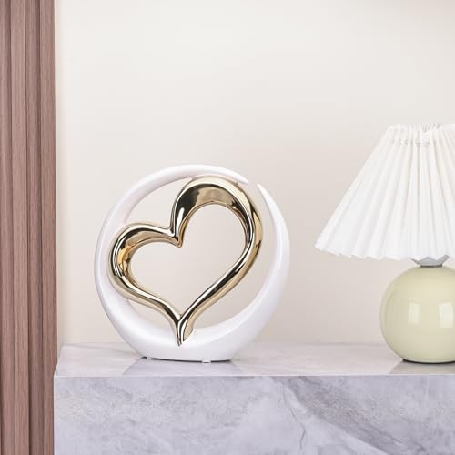 Estatua decorativa corazón de porcelana blanco y dorado miniatura 5