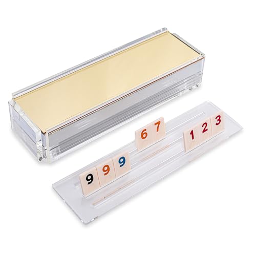 Luxury Rummy Tile Set Game in Handmade Acrylic Case with 4 Racks Included (Gold)