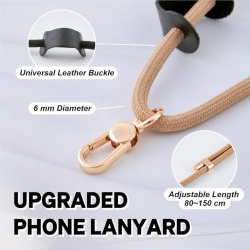 Image of Phone Lanyard Crossbody, Anti Theft Phone Strap with 2 Tether Tabs | With Leather Loop, Premium Metal Buckles, Adjustable Cell Phone Lanyard for Travel, Fits Most Smartphones, Apricot