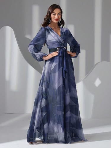Image of TOLEEN Summer Casual Dresses for Women 2024 Spring Fashion Boho V Neck Long Sleeve Ruffle Floral Print Elegant Maxi Dress