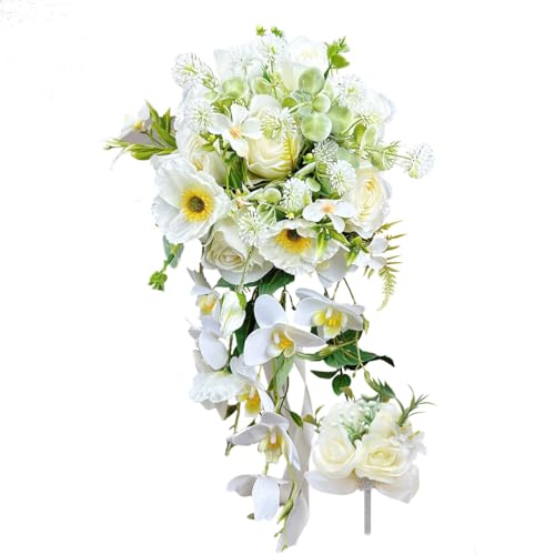 ウエディングブーケ ブートニア キャスケードブーケ 花嫁ブーケ バラ 風鈴草 蘭などローズ ブライダル 花束 造花 欧米風 挙式 結婚式 パーティー ニ次会 撮影 (ホワイト-蘭の花)