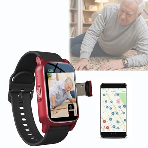 Dispositifs D'alerte De Chute pour Personnes Âgées, Traceur GPS Personne Âgée，Montre Connectée avec Détecteur De Chute, Bouton SOS + Appel Vidéo HD，étanche Red,28.5 * 2CM