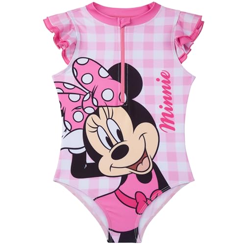 Disney Minnie Mouse Girls Swimming Costume 2-6 Yrs, One Piece Kids Bathing Swim Suit, Front Zip-Up Beach Pool Swimwear (3-4 Years, Pink Minnie)