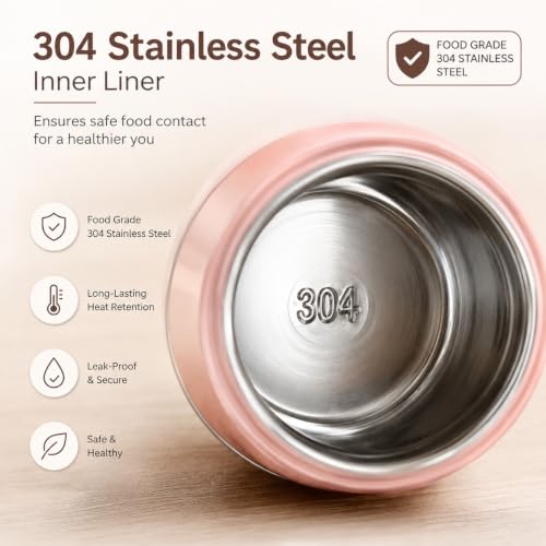 Image of 530ml Insulated Lunch Pot with Built-in Spoon | 304 Stainless Steel Food Jar, Double Wall Thermal Insulation | Leakproof Soup Container | Bento Box for Office, School & Travel - Pink