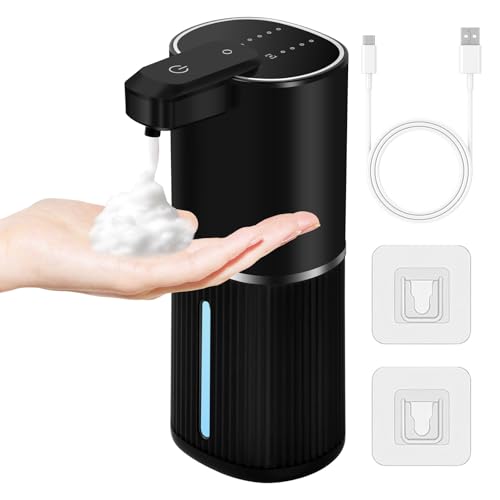 Dispensador de Jabón Automático,380 ml Espuma USB Recargable Dispensador Jabon Impermeable IPX5,4 Niveles Ajustables Dispensador Jabon Pared Sin Contacto para Baño Cocina Hotel (Espuma,Negro)