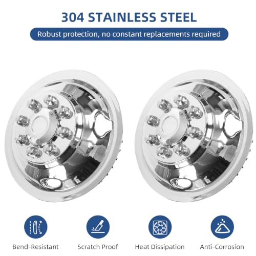 Image of 16 Wheel Simulators (2Pcs Front),8 Lug Polished Stainless Steel RV Hubcaps,Snap On Wheel Cover Compatible with1974-2000 GMC 3500, 1974-1998 Ford F350, 2008-2026 E350 /E450 DRW, 1974-1999 Dodge Ram 3500