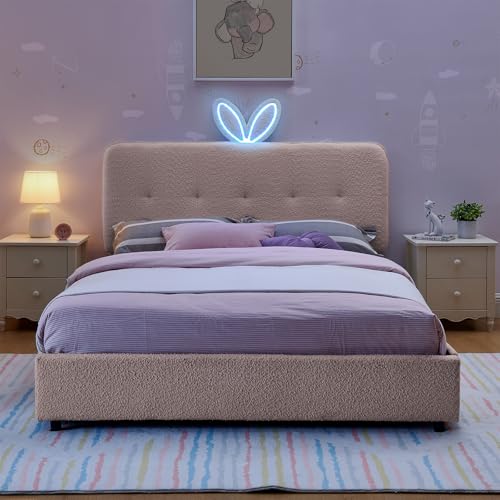 Image of Full Led Bed Frame with 4 Storage Drawer, Upholstered Platform Floor Bed with Rabbit Ear Headboard Daybed Strong Wooden Slats No Box Spring Needed for Kids Girls Boys, Pink