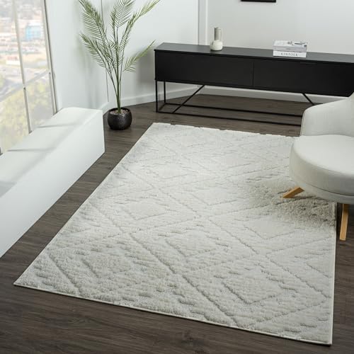 Rugs and More Carnival Shaggy Rivo Diamond Cream Large Rug - Durable & Hardwearing - Low Pile, Non-Slip Rug, Easy-Care (Cream - 160x250 cm)