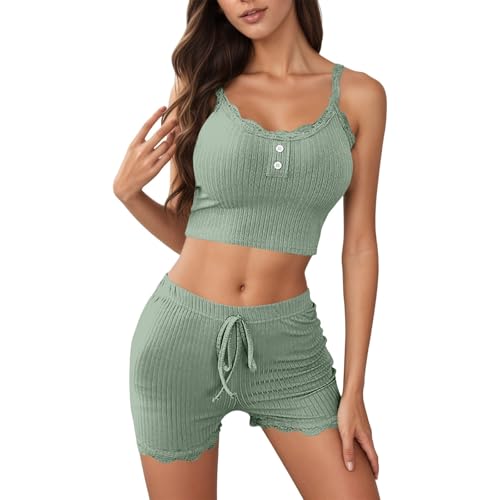 Generisch Pijama sexy para mujer, conjunto de pijama de punto de encaje y pantalones cortos, ropa de dormir de dos piezas, suave y cómoda, corte ajustado, ropa de estar