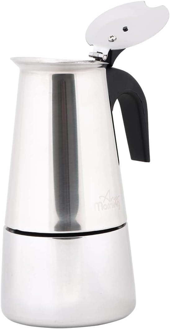 Any Morning Espresso Stovetop Coffee Maker - Cuban Italian Moka Pot Induction, Stainless Steel, PBA Free Greca, 10 Oz, 6 Cups (6.5 Oz)