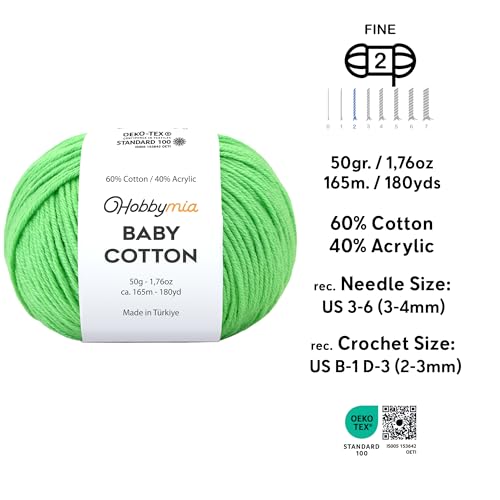 Image of Baby Cotton Blend Yarn - Soft Sport Weight Yarn for Crochet & Amigurumi - 50g /180yds - 60% Cotton 40% Acrylic - Ideal for Baby & Knitting Proj.(Fresh Green, 1 Ball)