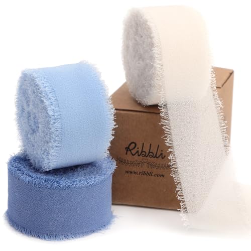 Ribbli Blue Ribbon 1 Inch x 3 Rolls Total 24 Yards Cream/Blue/Dusty Blue Handmade Fringe Chiffon Silk Ribbon for Wrapping Wedding Invitations Bridal Bouquets DIY Crafts Home Decor
