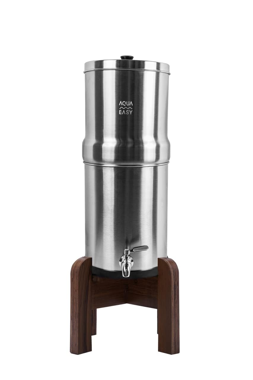 AquaEasy Stainless Steel Gravity Water Filter System (2.25 Gallon) with 2X Activated Carbon Filter, Stainless Steel Tap and Stand | Countertop Water Filtration System (Matte)