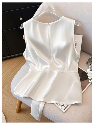 GORGLITTER Women's Bow Tie Silky Satin Vest Belted Ruffle Tops V Neck Sleeveless Dressy Shirt2