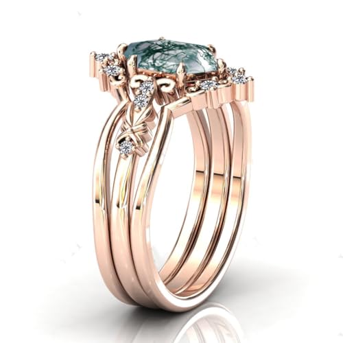 Natural Moss Agate Sterling Silver Rings Set - Leaf Art Deco Hexagon/Pear Moss Agate Engagement Wedding Promise Rings Set - Vintage Unique Bridal Ring Set for Women4