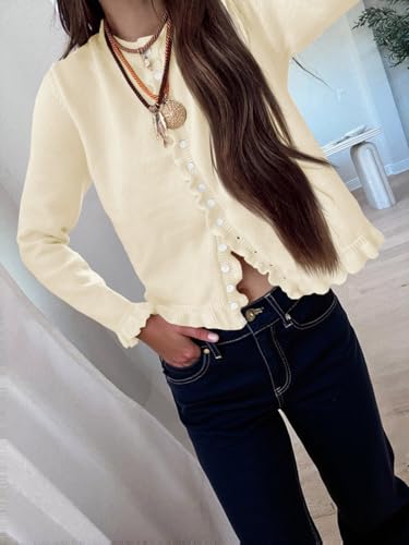 Image of Saodimallsu Womens Ruffle Cardigan Sweaters Button Up Crew Neck Long Sleeve Cropped Sweater Cute Soft Knit Tops