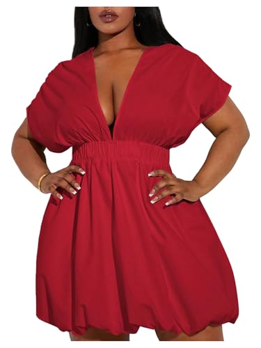 Image of WDIRARA Women's Plus Size Deep V Neck Bubble Dress Short Sleeve A Line Mini Dresses