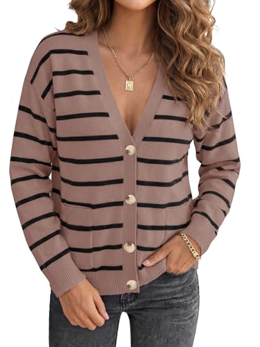 Image of Vrtige Women's Casual Striped Button Open Front V Neck Long Sleeve Knit Lightweight Cardigan Sweater