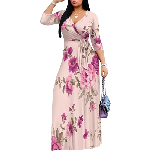 Image of Plus Size Maxi Dress for Women Casual Summer V Neck 3 /4 Sleeves Flowy Comfortable Dress for Vacation Daily Wear Floral Print