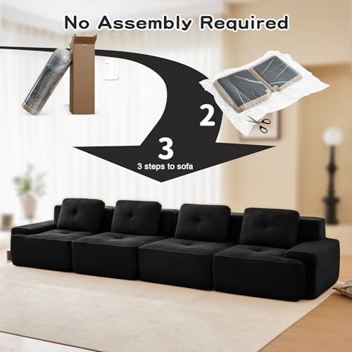 Image of 153 inch Extra Large 4-Seater Modular Boneless Couch, Luxury Corduroy Fabric, Deep Seat Cloud sectional Sofa with Buckle Connection, No Assembly Anti-Slip Couch for Big Living Room, Black