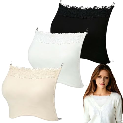 Camicover 3Pcs Lady Cleavage Cover Modesty Panel Hook to Bra Insert Mock Camisole Sets Overlay Modesty Panel Vest (Black White Beige)