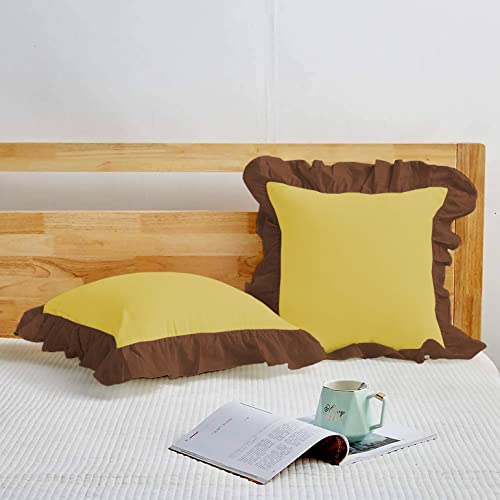 Image of YRM Bedding's Ruffle Beautiful Cushion Cover | Super Soft Elegant Premium Microfiber Frill Cushion Cover Set of 2 (20 inchx20 inch Inches) (Gold /Chocolate Brown)