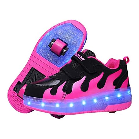 XinYiQu Kids USB Charging Led Light Up Shoes Double Wheels Roller Skates Shoes Sneakers for Boys Girls 4 M US Big Kid,Black&Pink Cover