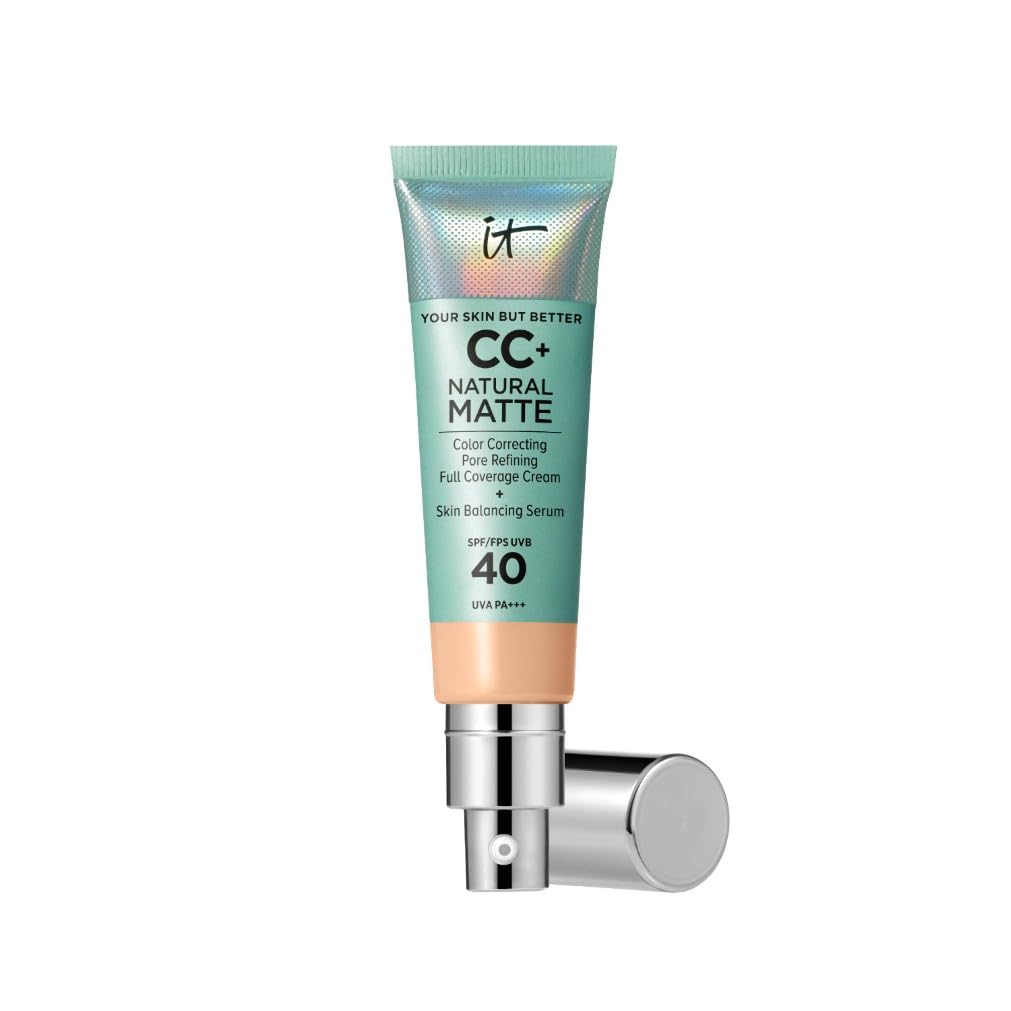 IT Cosmetics, Base de Maquillaje Matificante y Control de Brillo 16h, Minimiza Poros, Hidrata 24h, Your Skin But Better CC+ Natural Matte SPF 40, Tono Light Medium, 32 ml