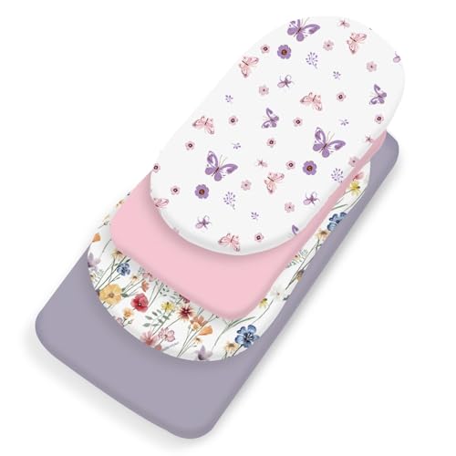 Image of Little Grape Land Bassinet Sheets 4 Pack, 33 inch x 18 inch Fitted Bassinet Sheets Up to 4 inch Deep Pocket, Ultra Soft Baby Bassinet Fitted Sheets for Bassinet Mattress, Butterfly Meadow