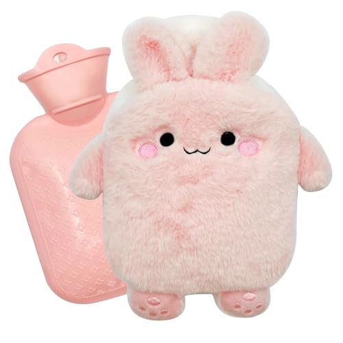 lomdung Hot Water Bottle, Wärmflasche Mit Süße Tiere Plüschbezug, 400 ML Wärmflasche Mit Bezug, Wärmflasches Mit Kaninchen Muster Plüschbezug,...