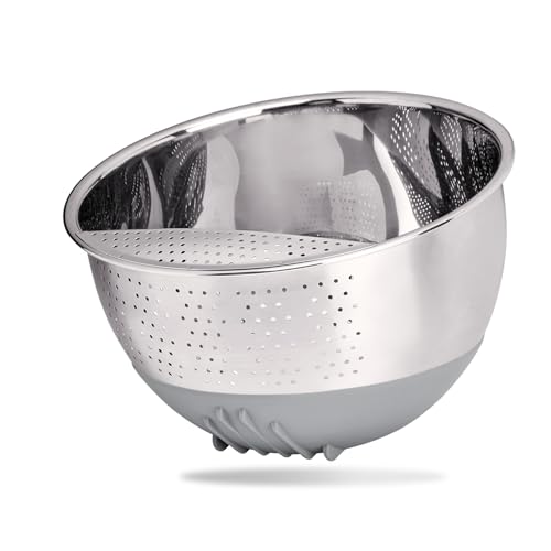 REISHUNGER Bol à riz et passoire à légumes en acier inoxydable (gris) - Passoire pour laver le riz et les légumes - Avec pied en silicone antidérapant
