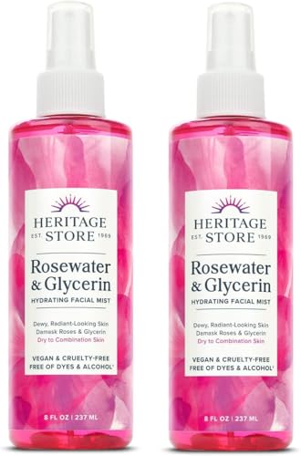 HERITAGE STORE Rosewater & Glycerin 2-pack - Hydrating Facial Mist - Dry Combination Skin Care - Rose Water Spray with Vegetable Glycerine - Made Without Dyes or Alcohol Hypoallergenic Vegan 8oz ea