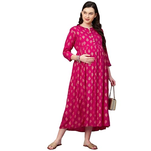 Image of MomToBe Women's Rayon Midi Maternity Dress /Feeding Dress /Pregnancy Dress /A-Line Western Dress with Zippers for Nursing Pre and Post Pregnancy - All Over Print