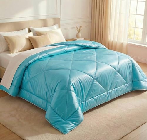 Image of SANMARINO Satin Comforter Double Bed 88x96 Inches | 300 TC Ultra Soft Silky Satin Comforter | Luxury Bedding for Bedroom, Couples, Wedding & Home Decor (Aqua Blue)